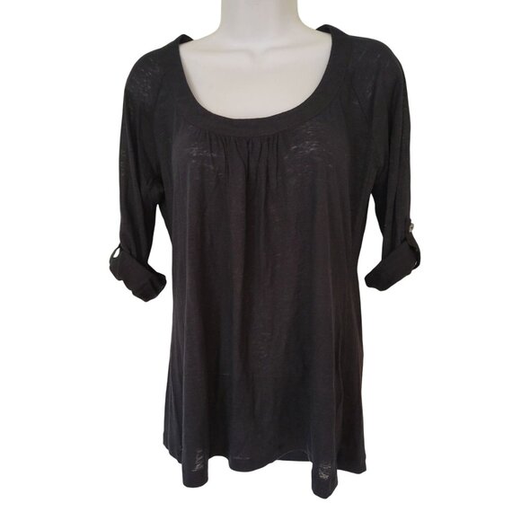 Joie Black Linen Long Sleeve Blouse Button Tabs M Summer Neutral Natural - Picture 2 of 8